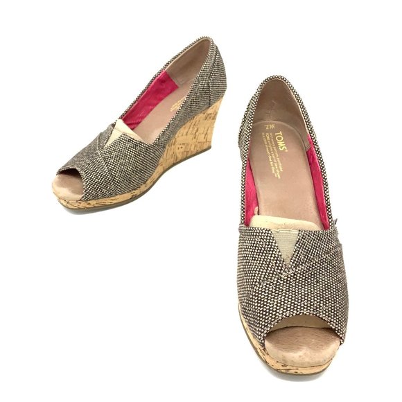 Toms Toe Peep Wedges Classics Metallic Tweed Sz 7 - Picture 1 of 8